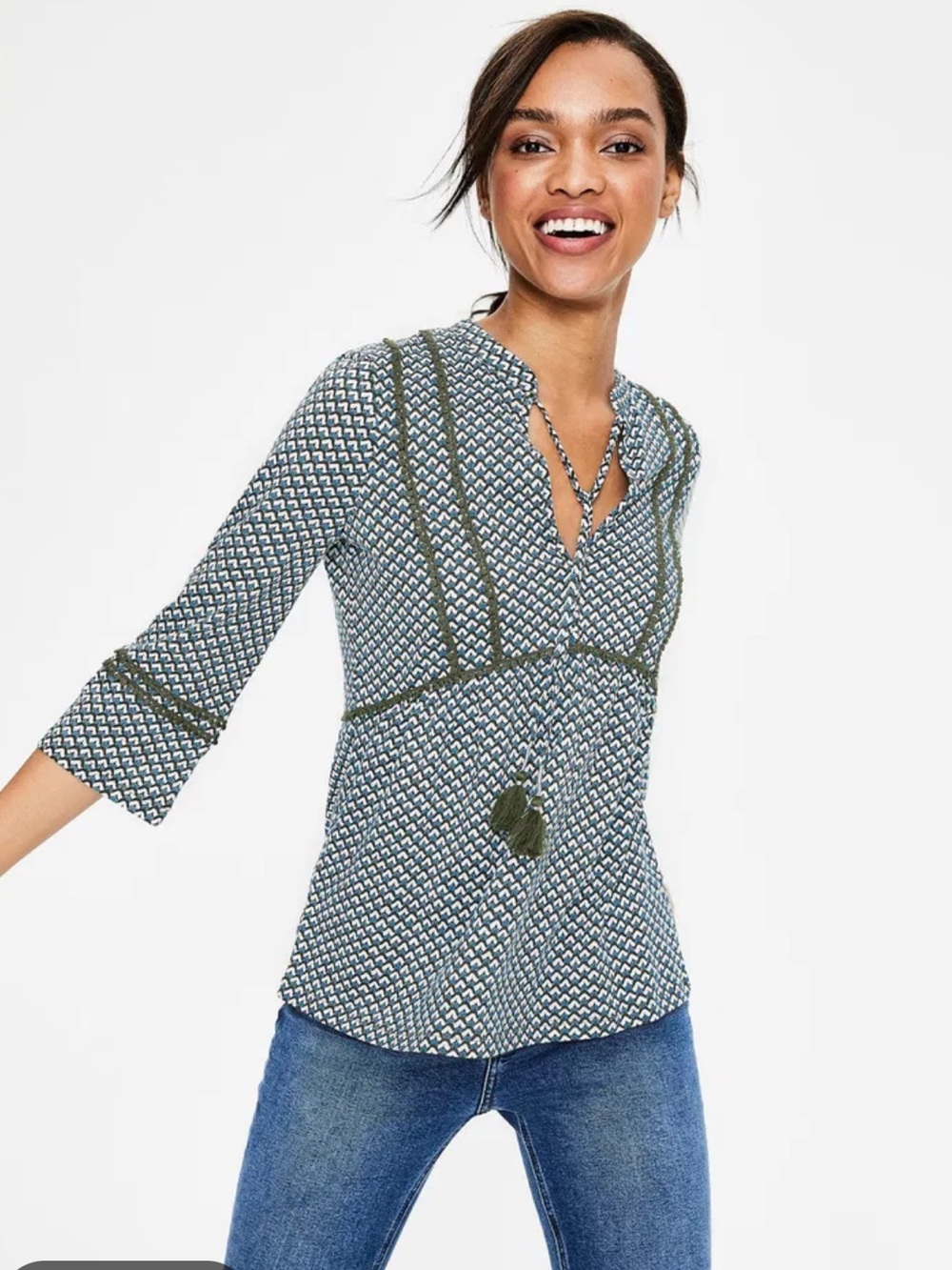 Boden Gemma Jersey Top blue/brown geometric print and tassel details size 4